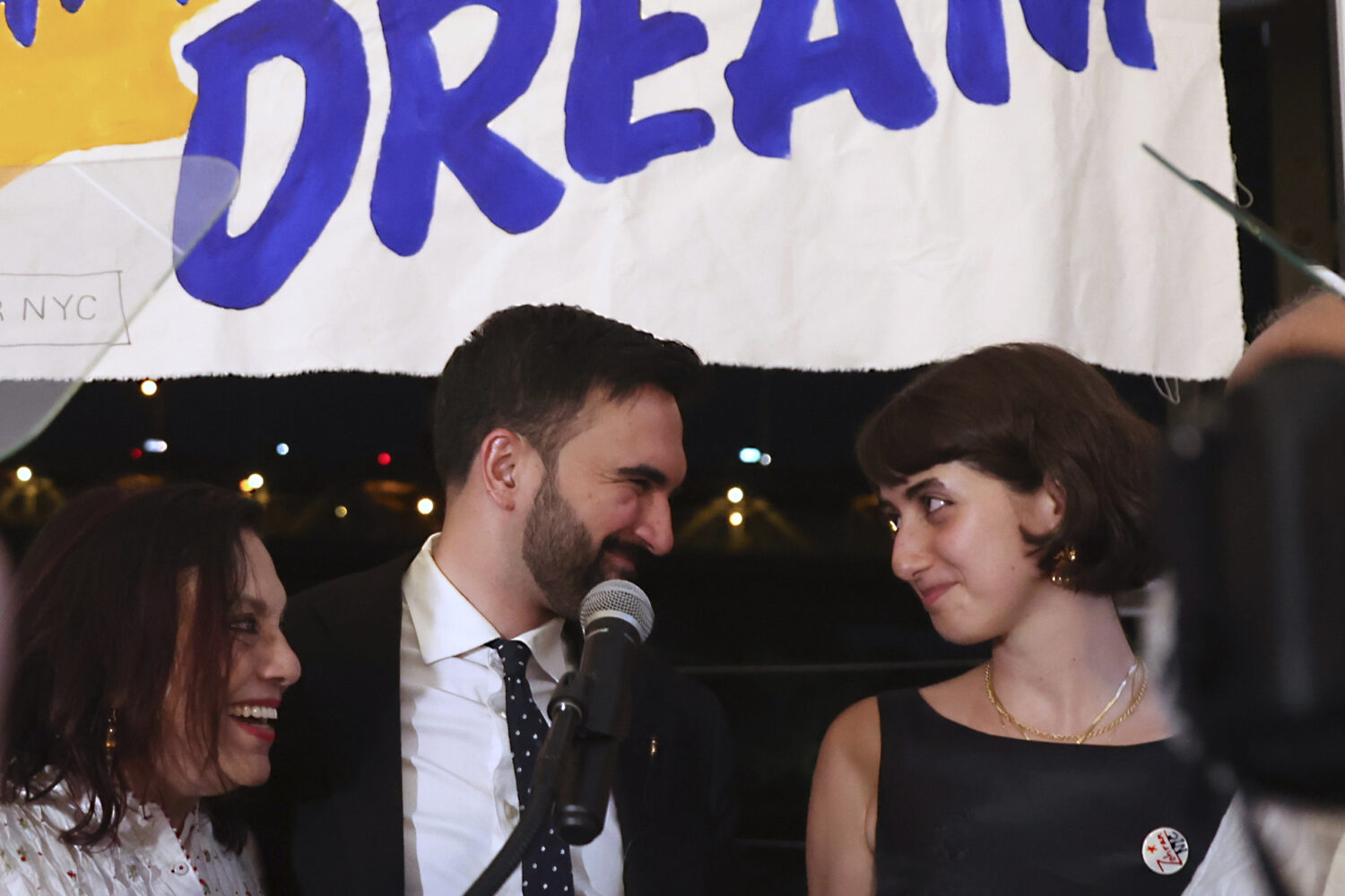 Democratic mayoral candidate Zohran Mamdani appears on stage with his family including his wife, Ra...