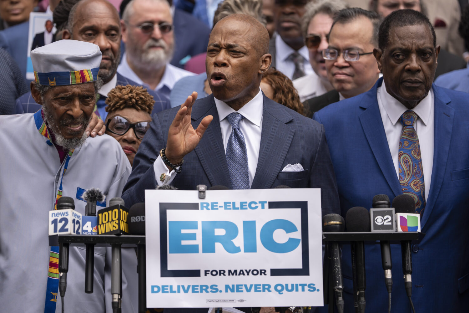 New York Mayor Eric Adams speaks during a campaign launch rally at City Hall, Thursday, June. 26, 2...