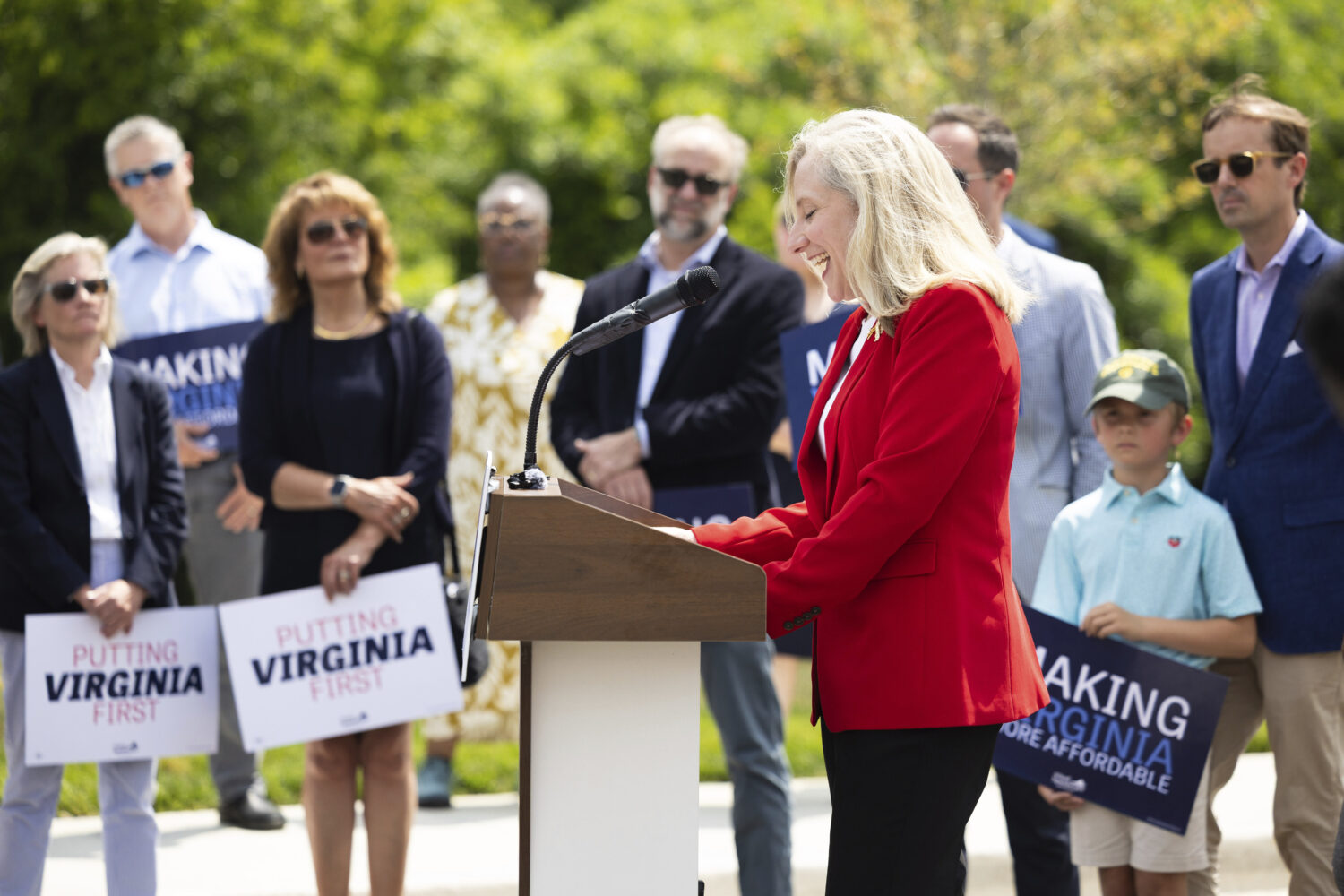 Democratic gubernatorial candidate Abigail Spanberger speaks during a press conference in front of ...