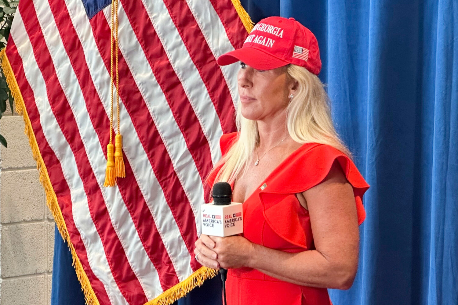 U.S. Rep. Marjorie Taylor Greene, R-Ga., waits for a video interview at the Georgia Republican Conv...
