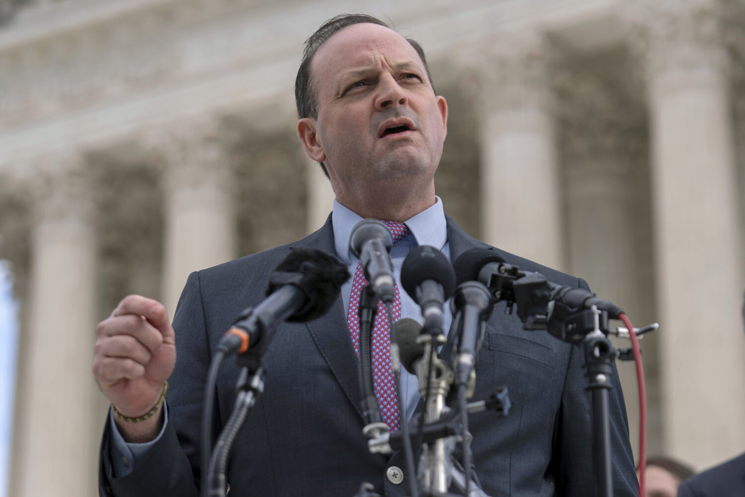 FILE - South Carolina Attorney General Alan Wilson talks to reporters outside of the Supreme Court,...
