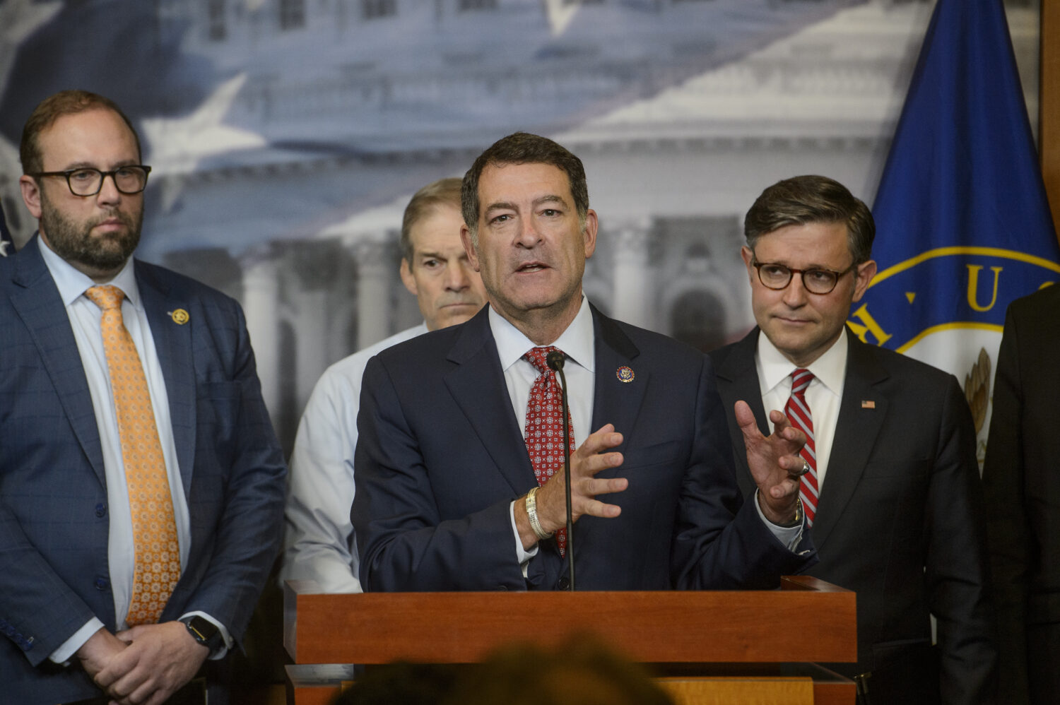 FILE - Rep. Mark Green, R-Tenn., center, is joined by from left: Rep. Jason Smith, R-Mo., Rep. Jim ...