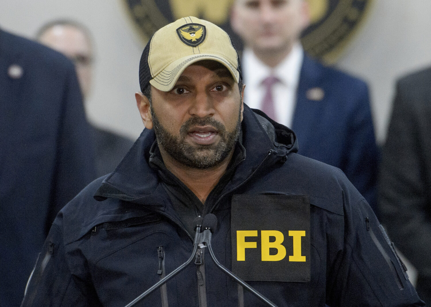 FILE - FBI Director Kash Patel speaks during a news conference at the Manassas FBI Field Office, Ma...
