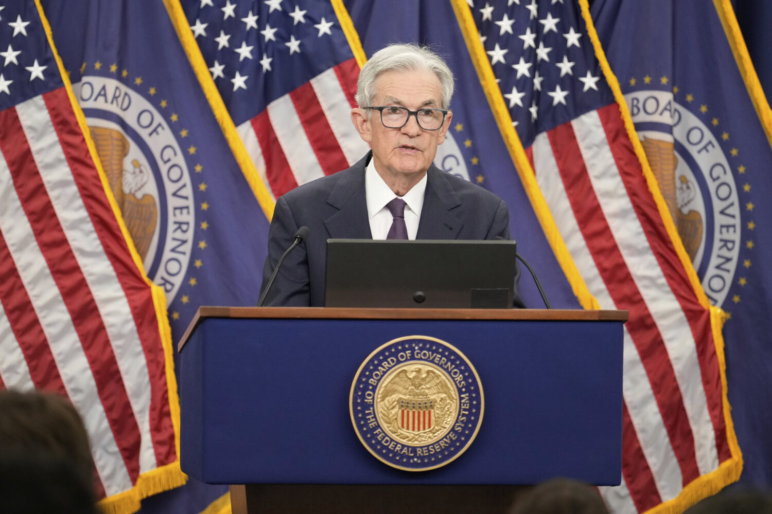 Federal Reserve Board Chairman Jerome Powell speaks during a news conference at the Federal Reserve...