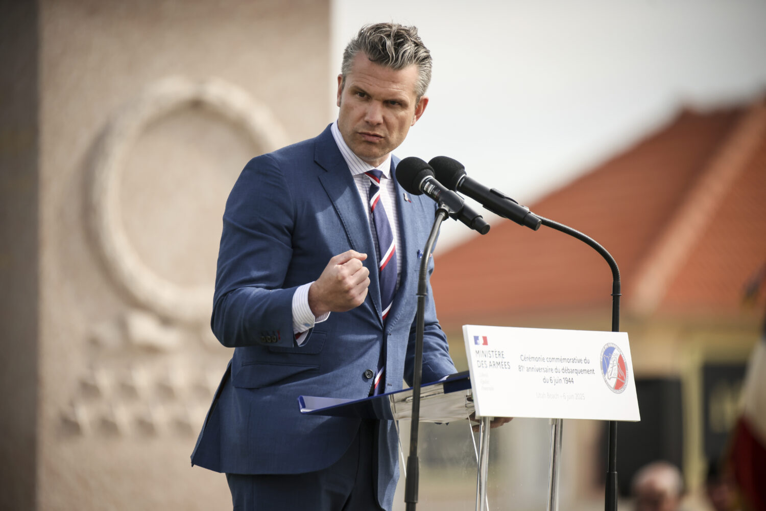 U.S. Defense Secretary Pete Hegseth delivers a speech during the international ceremony commemorati...