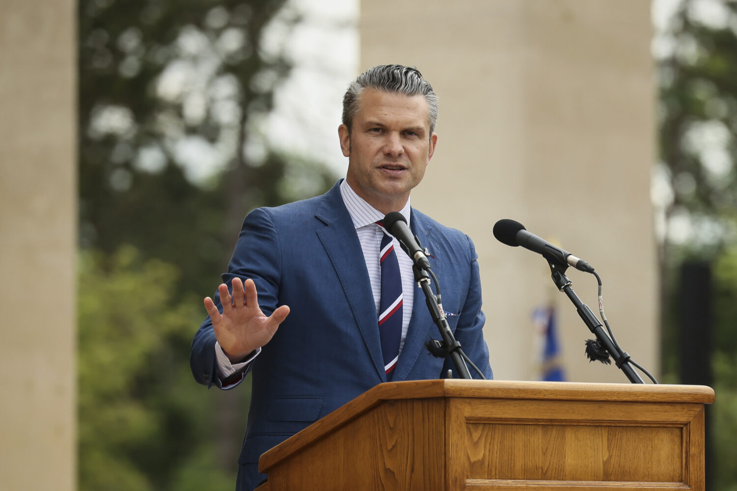 U.S. Defense Secretary Pete Hegseth delivers a speech at the US cemetery to commemorate the 81st an...