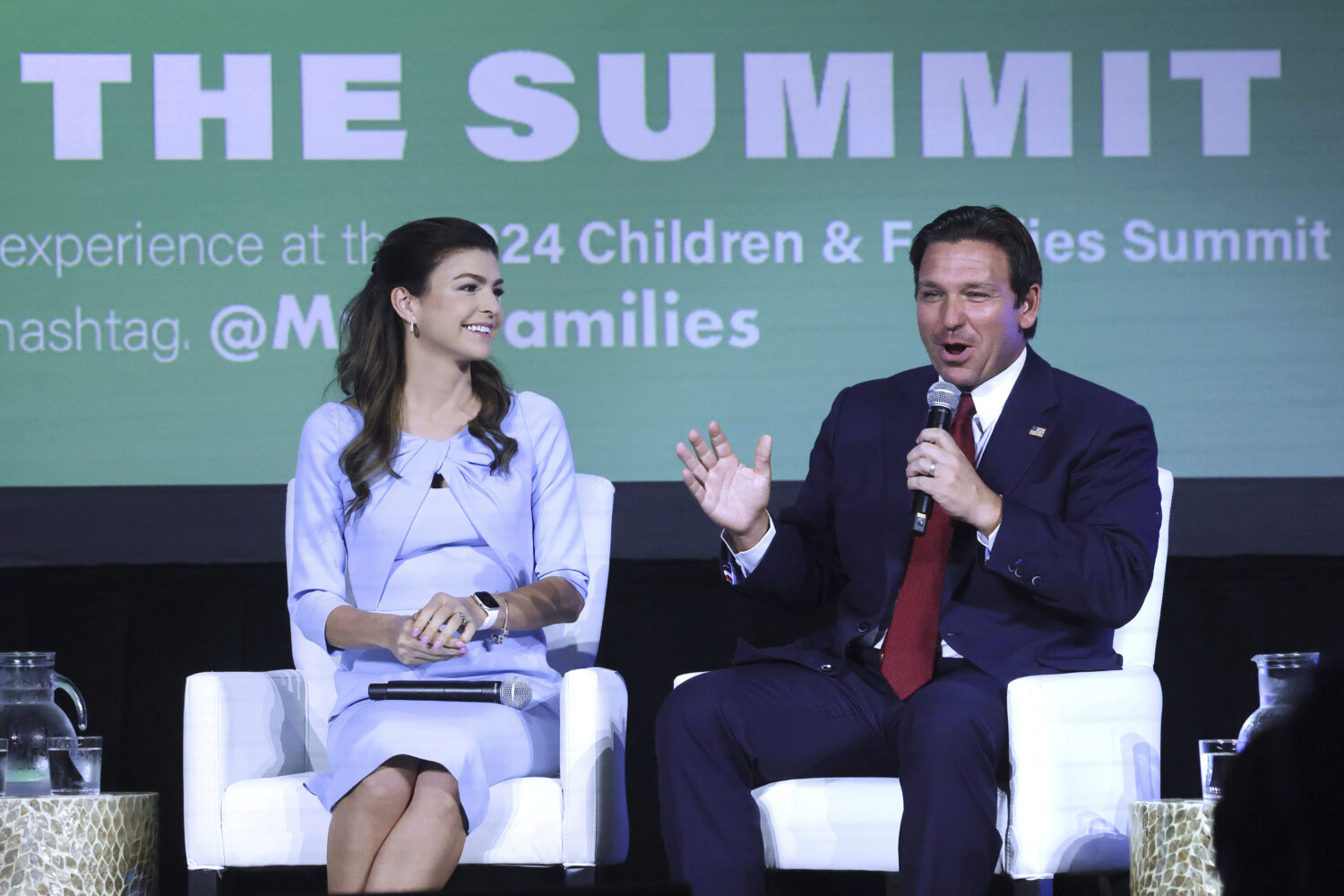 FILE - Florida first lady Casey DeSantis listens to Gov. Ron DeSantis during a panel discussion at ...