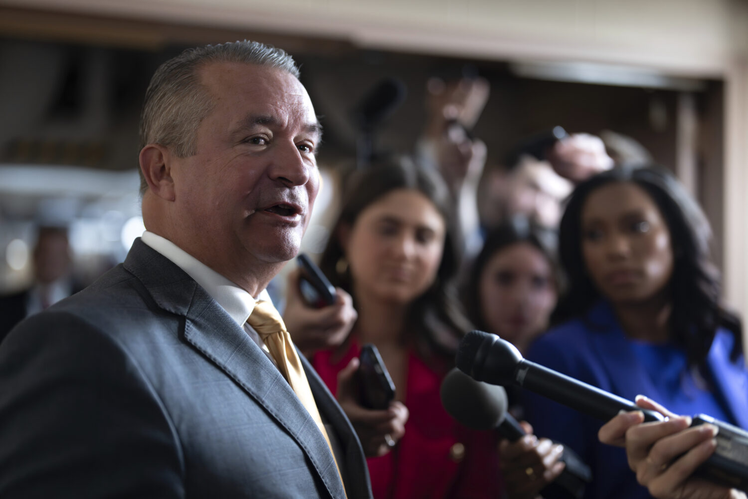 FILE - Rep. Don Bacon, R-Neb., speaks with reporters before joining a closed-door Republican strate...