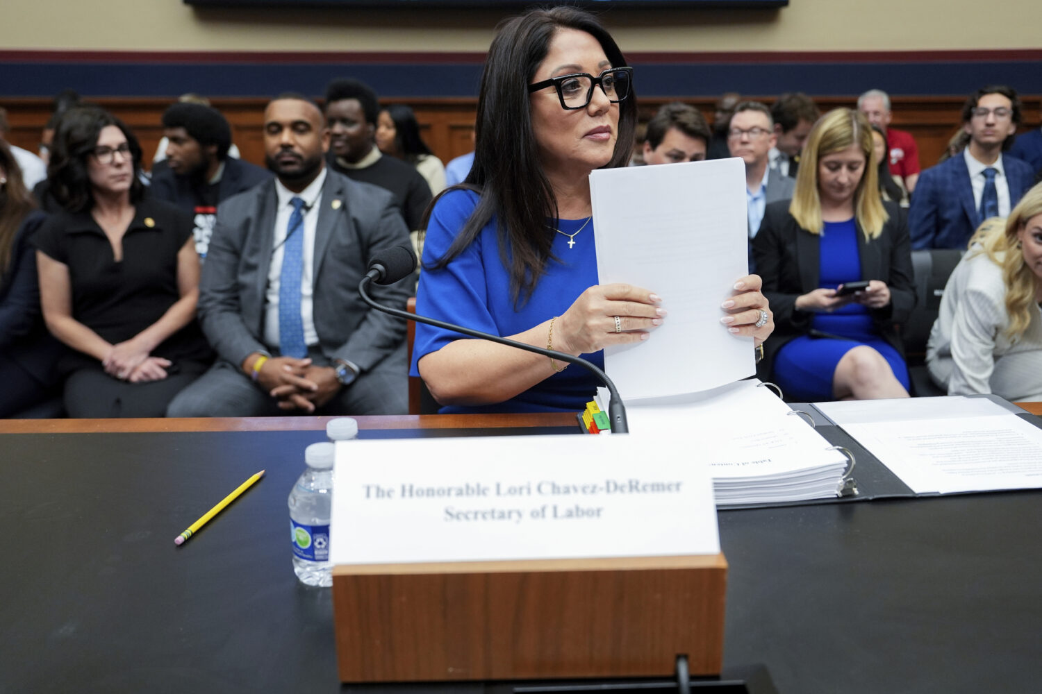 Secretary of Labor Lori Chavez-DeRemer arrives before a House Education and Workforce hearing, Thur...