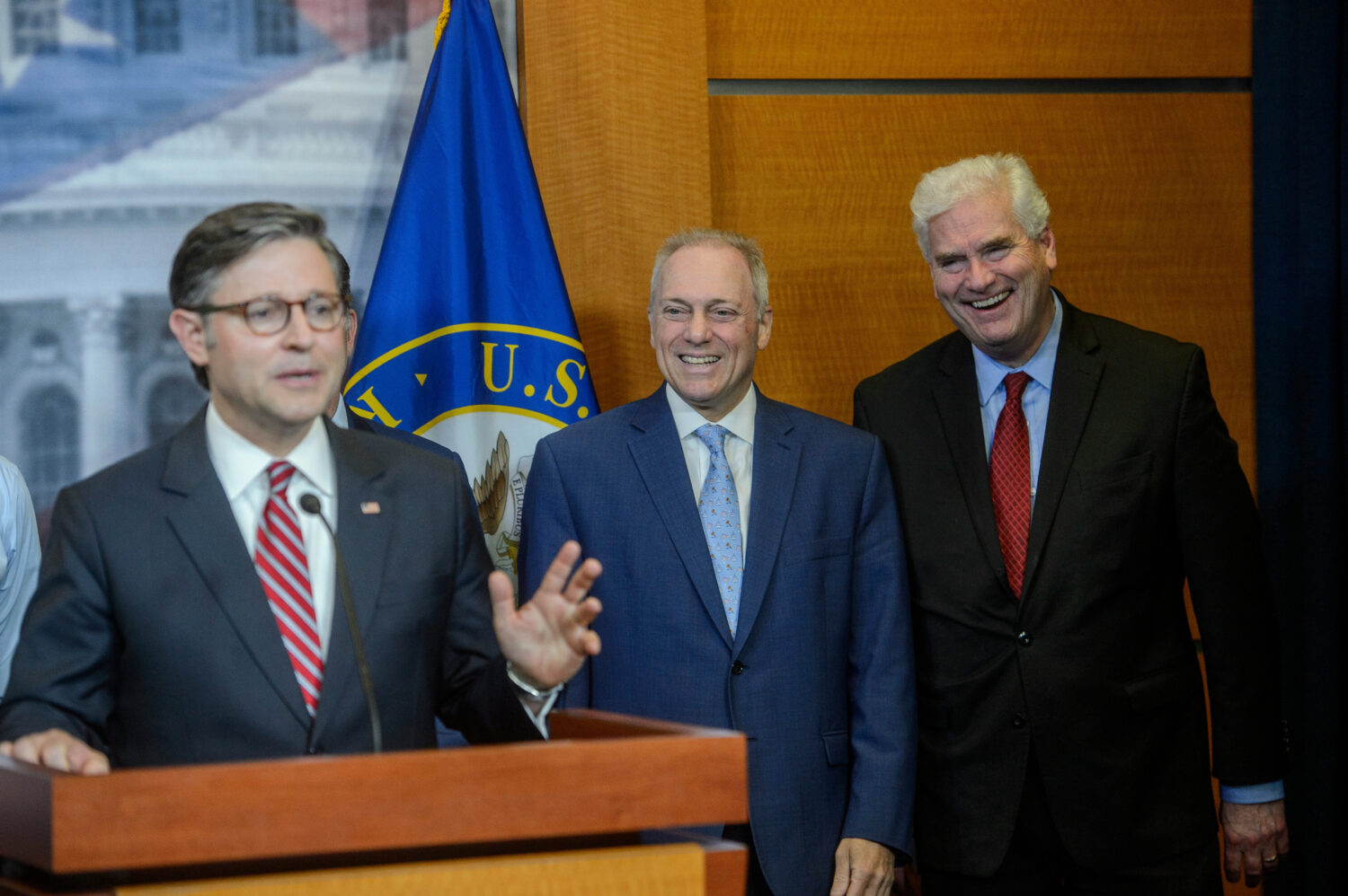 House Majority Leader Steve Scalise, R-La., center, and House Majority Whip Tom Emmer, R-Minn., rig...