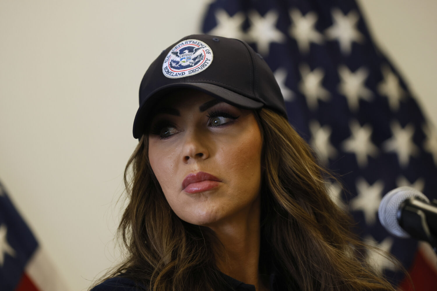 Homeland Security Secretary Kristi Noem holds a news conference regarding the recent protests in Lo...