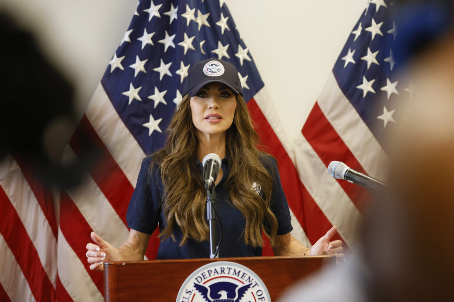 Homeland Security Secretary Kristi Noem holds a news conference regarding the recent protests in Lo...