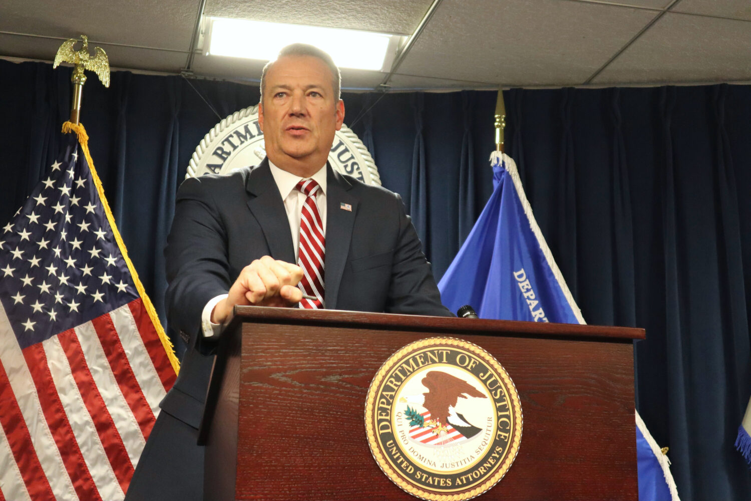 U.S. Immigration and Customs Enforcement Acting Director Todd Lyons announces that his agency took ...