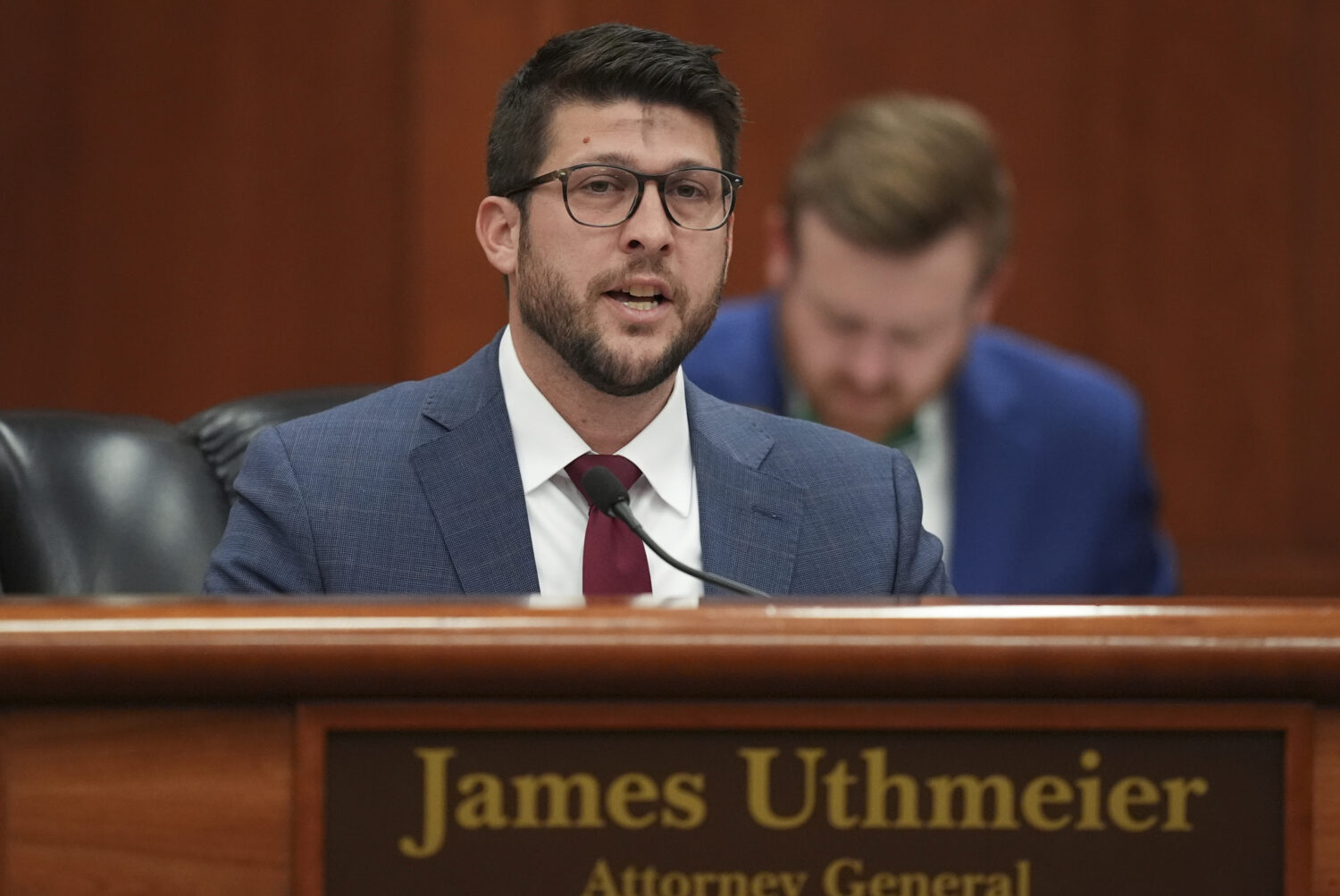 FILE - Florida Attorney General James Uthmeier speaks during a meeting between Gov. Ron DeSantis an...