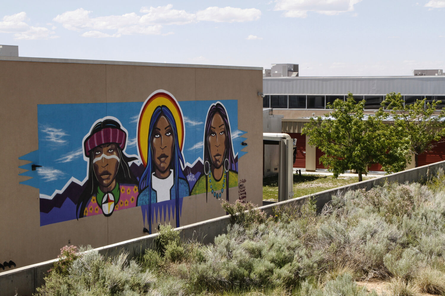 A mural is seen at the Institute for American Indian Arts during summer recess in Santa Fe, N.M., S...