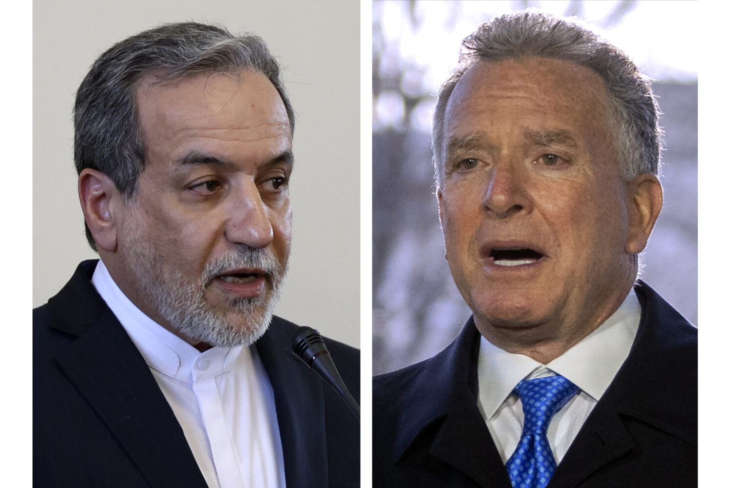 FILE - This combo shows Iranian Foreign Minister Abbas Araghchi, left, pictured in Tehran, Iran, on...