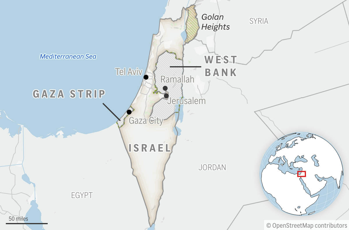 This is a locator map of Israel and the Palestinian Territories. (AP Photo)Credit: ASSOCIATED PRESS...