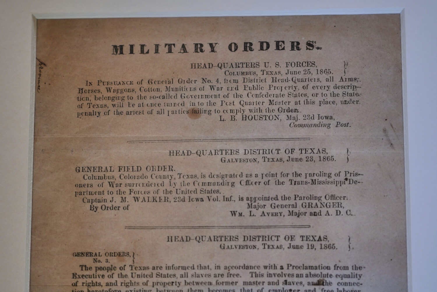 A view of a section of the 1865 Juneteenth General Order No. 3 that is displayed by the Dallas Hist...