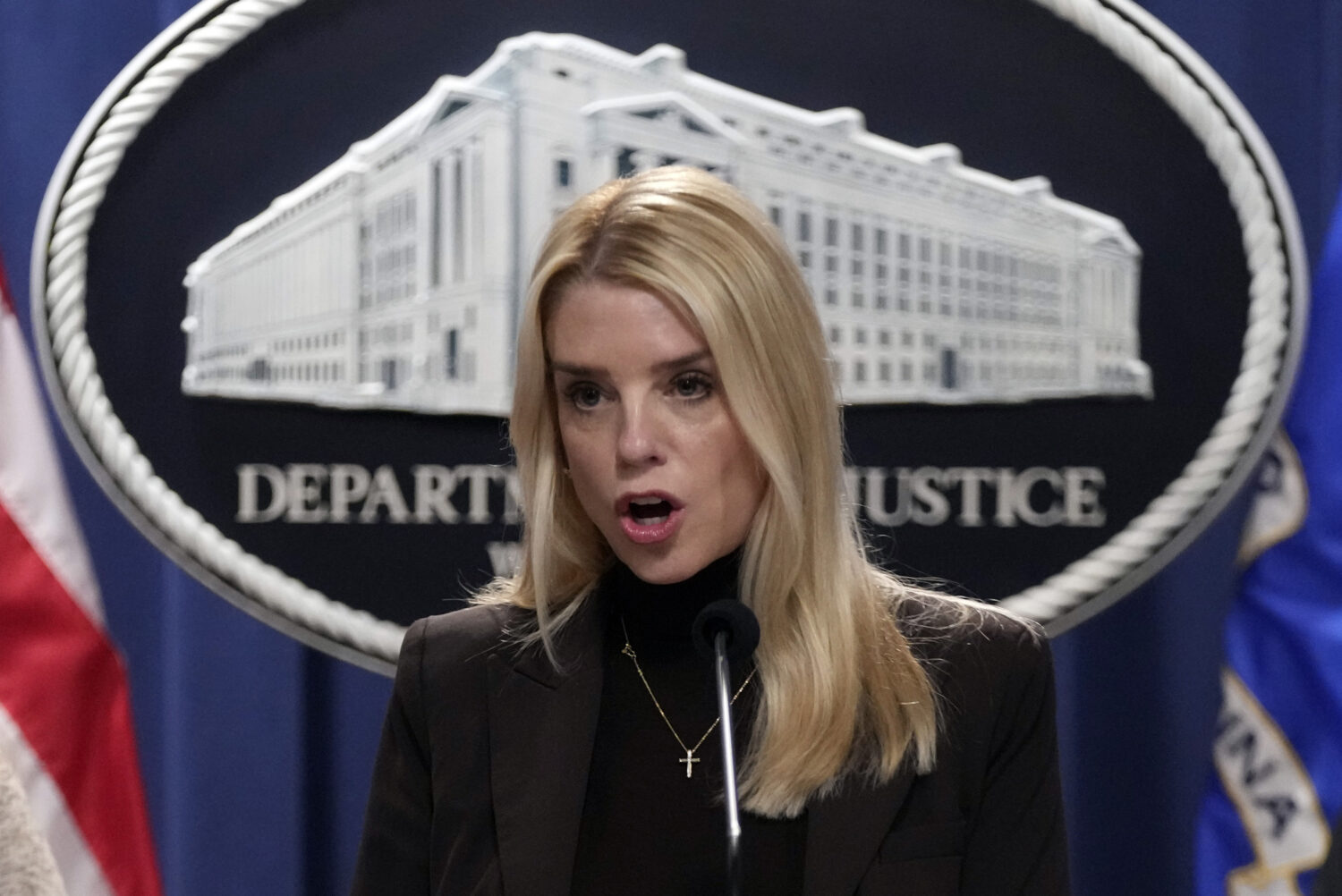 FILE - Attorney General Pam Bondi speaks at a news conference at the Justice Department, Feb. 12, 2...