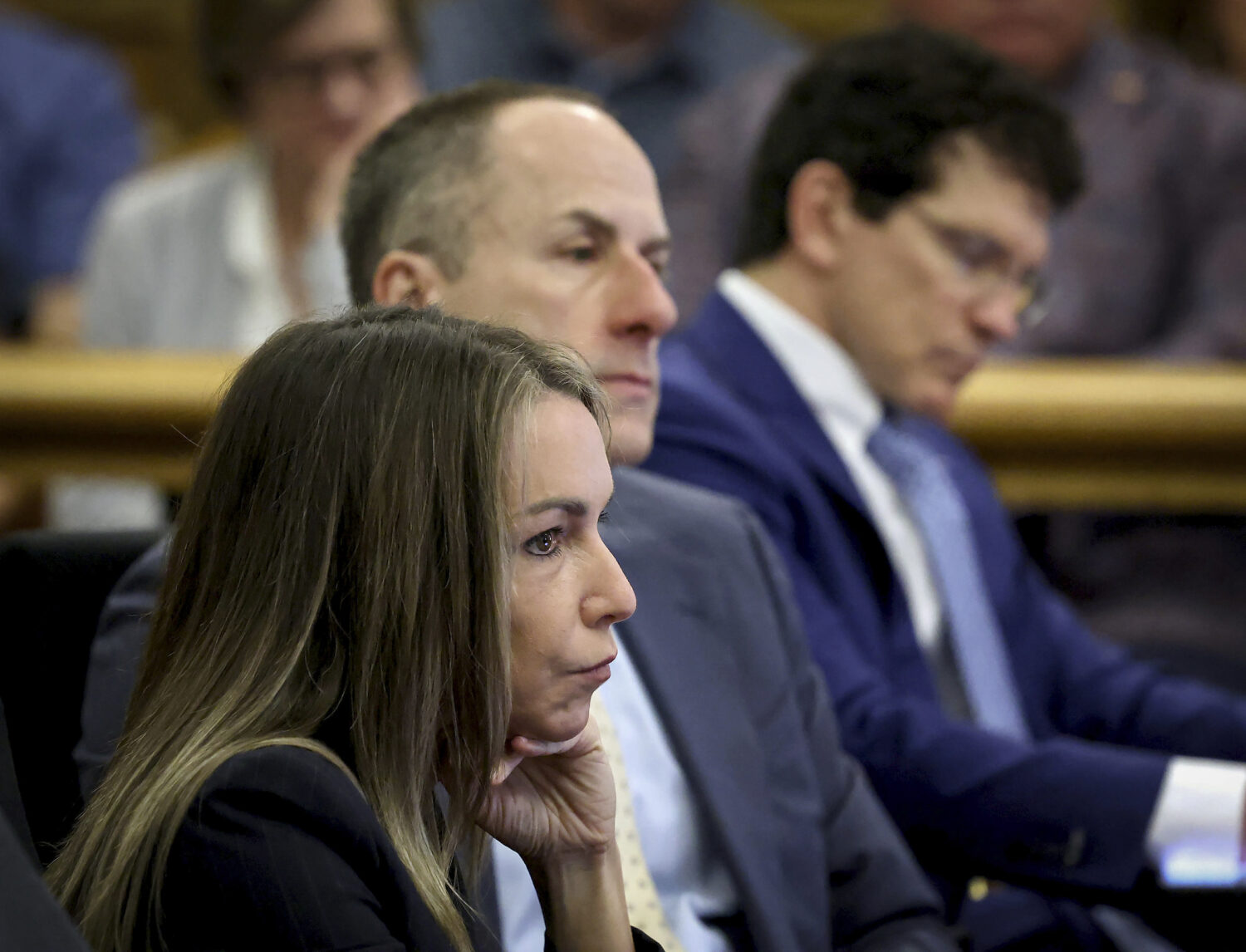 Karen Read and her defense attorneys listen as accident reconstruction specialist Dr. Daniel Wolfe ...