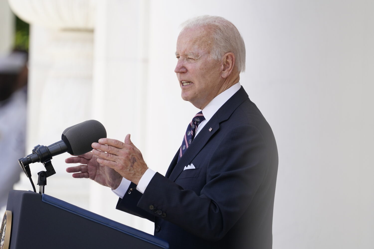 FILE - President Joe Biden speaks at the Memorial Amphitheater after laying a wreath at The Tomb of...