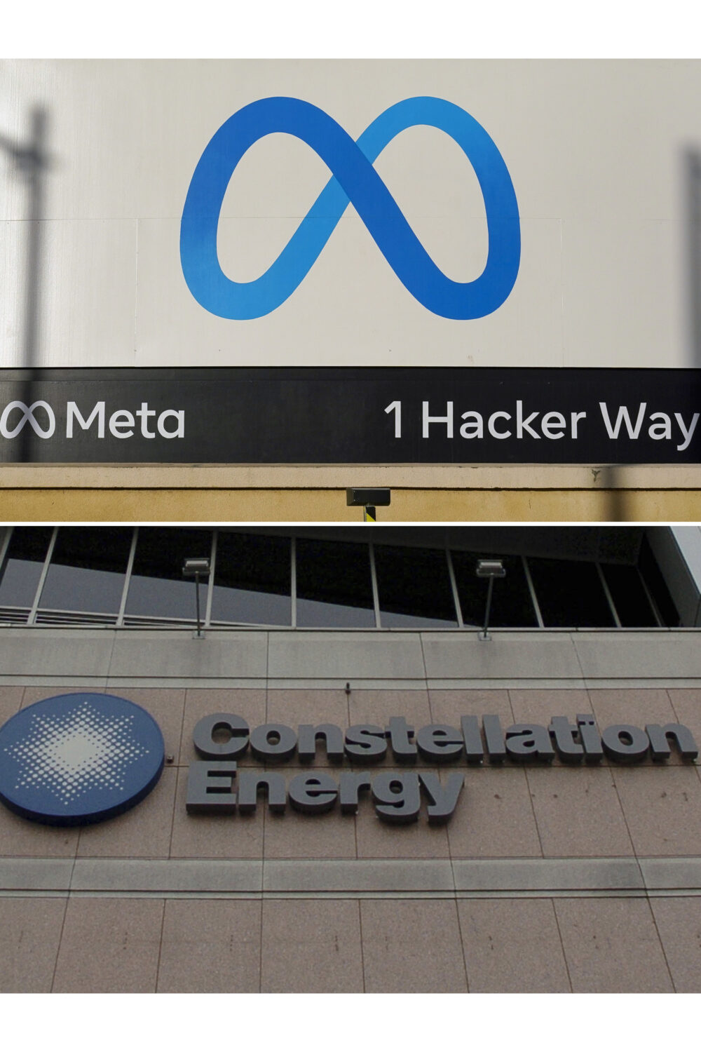 FILE - This combo image shows Meta's logo, top, at the company's headquarters in Menlo Park, Calif....