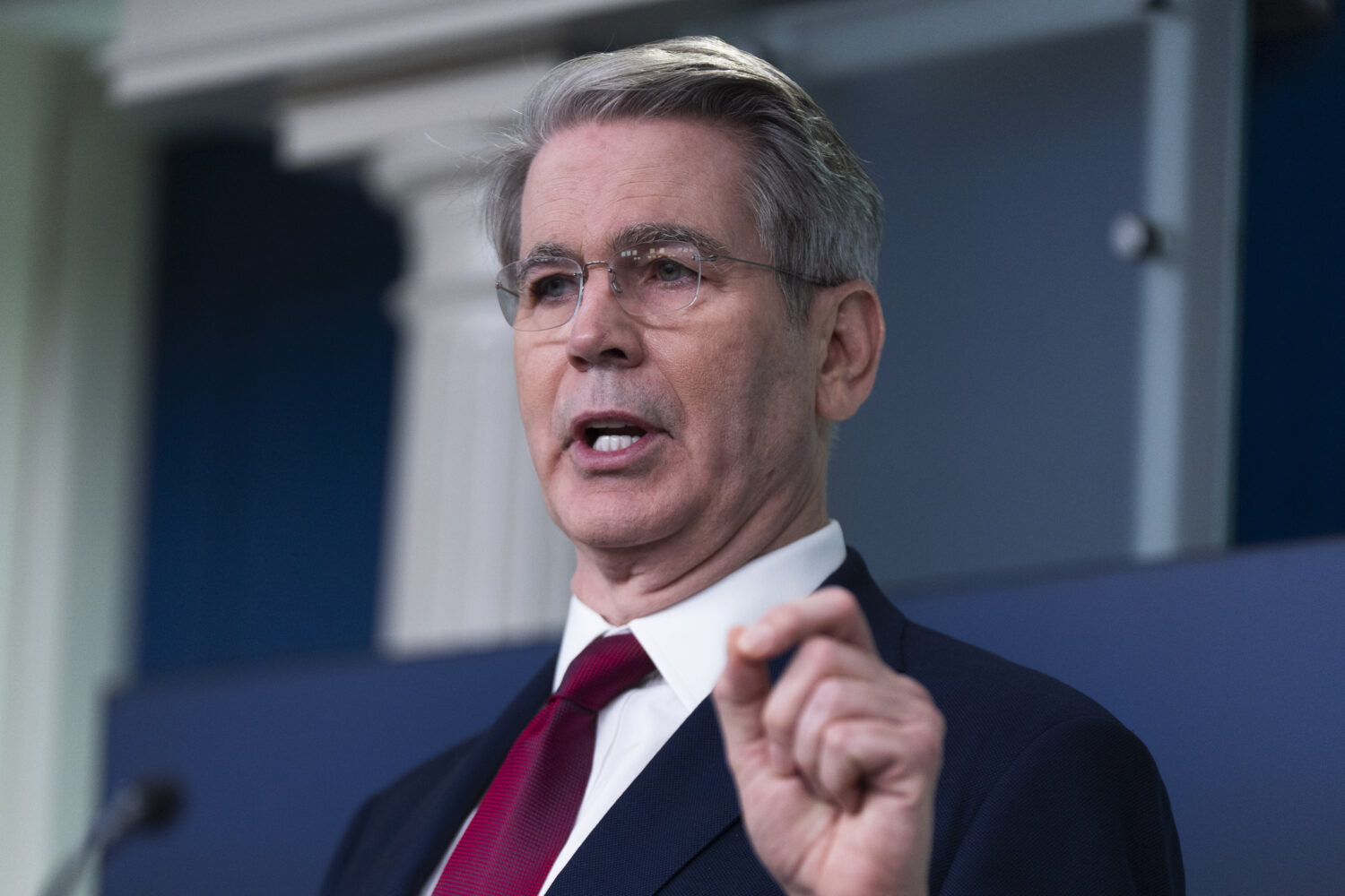 FILE - Treasury Secretary Scott Bessent speaks to reporters in the James Brady Press Briefing Room ...