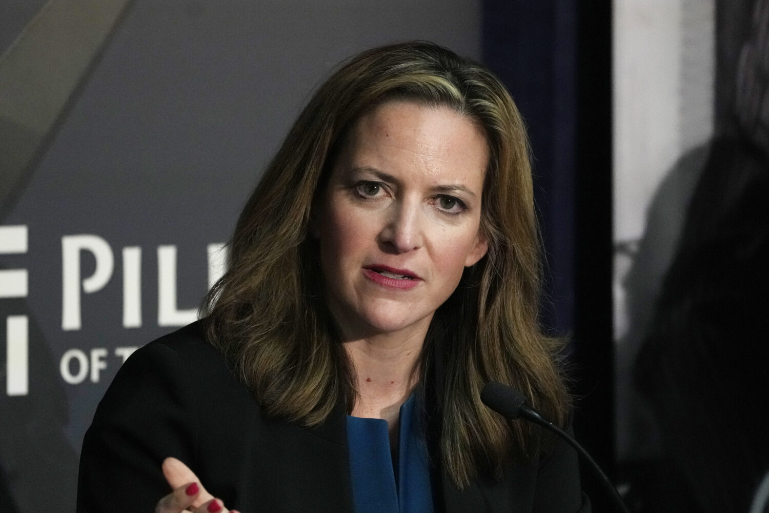 FILE - Michigan Secretary of State Jocelyn Benson participates in an election forum in Ann Arbor, M...