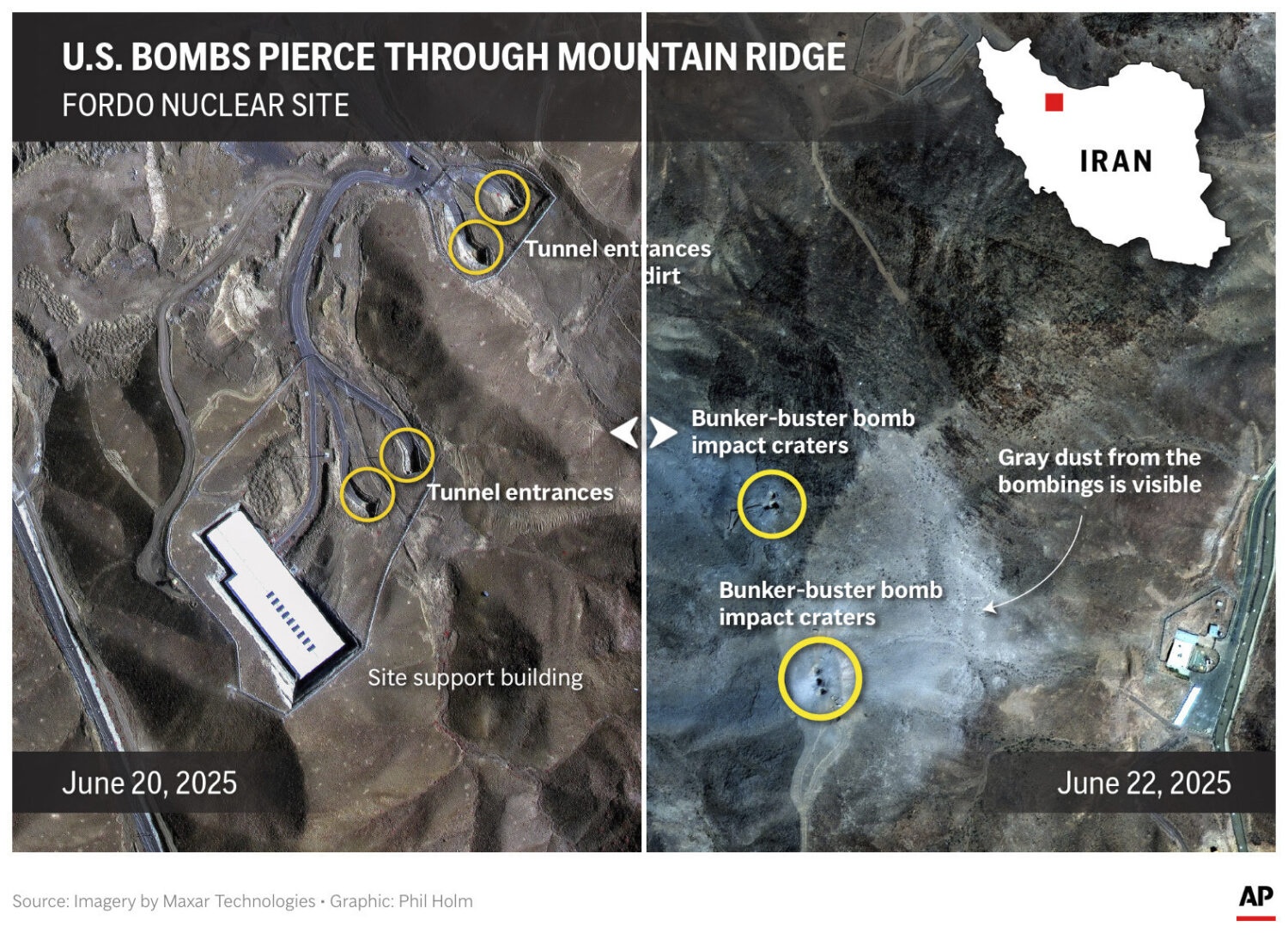 The image above is a frame grab of a before and after interactive slider that compares Iran's Fordo...