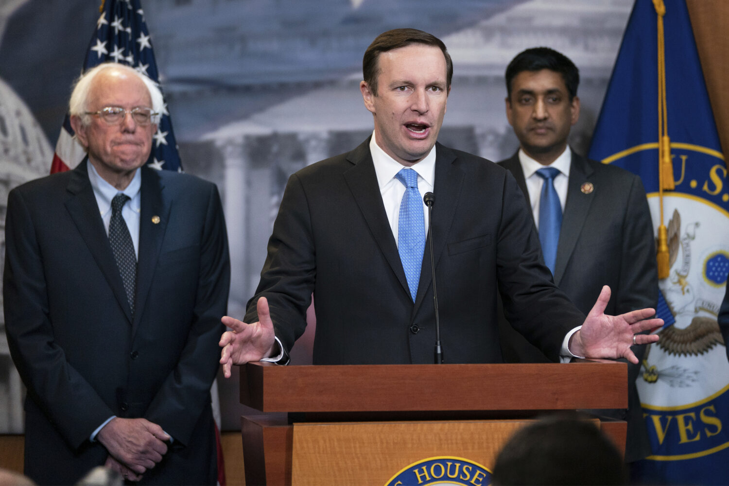 Sen. Bernie Sanders, I-Vt., from left, Sen. Chris Murphy, D-Conn., and Rep. Ro Khanna, D-Calif., sp...