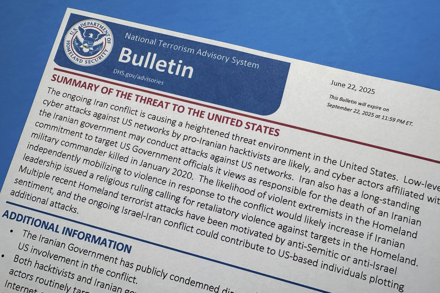 A National Terrorism Advisory System bulletin issued by the Department of Homeland Security warning...