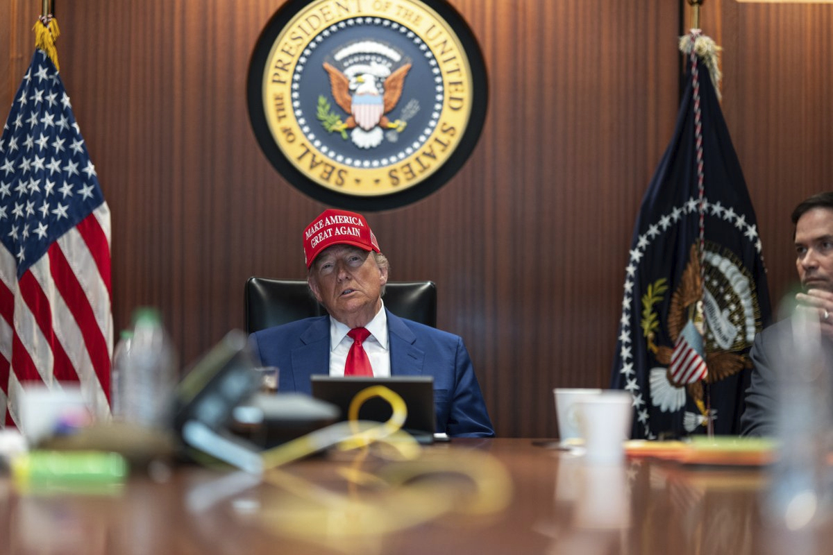 In this image provided by the White House, President Donald Trump and Secretary of State Marco Rubi...