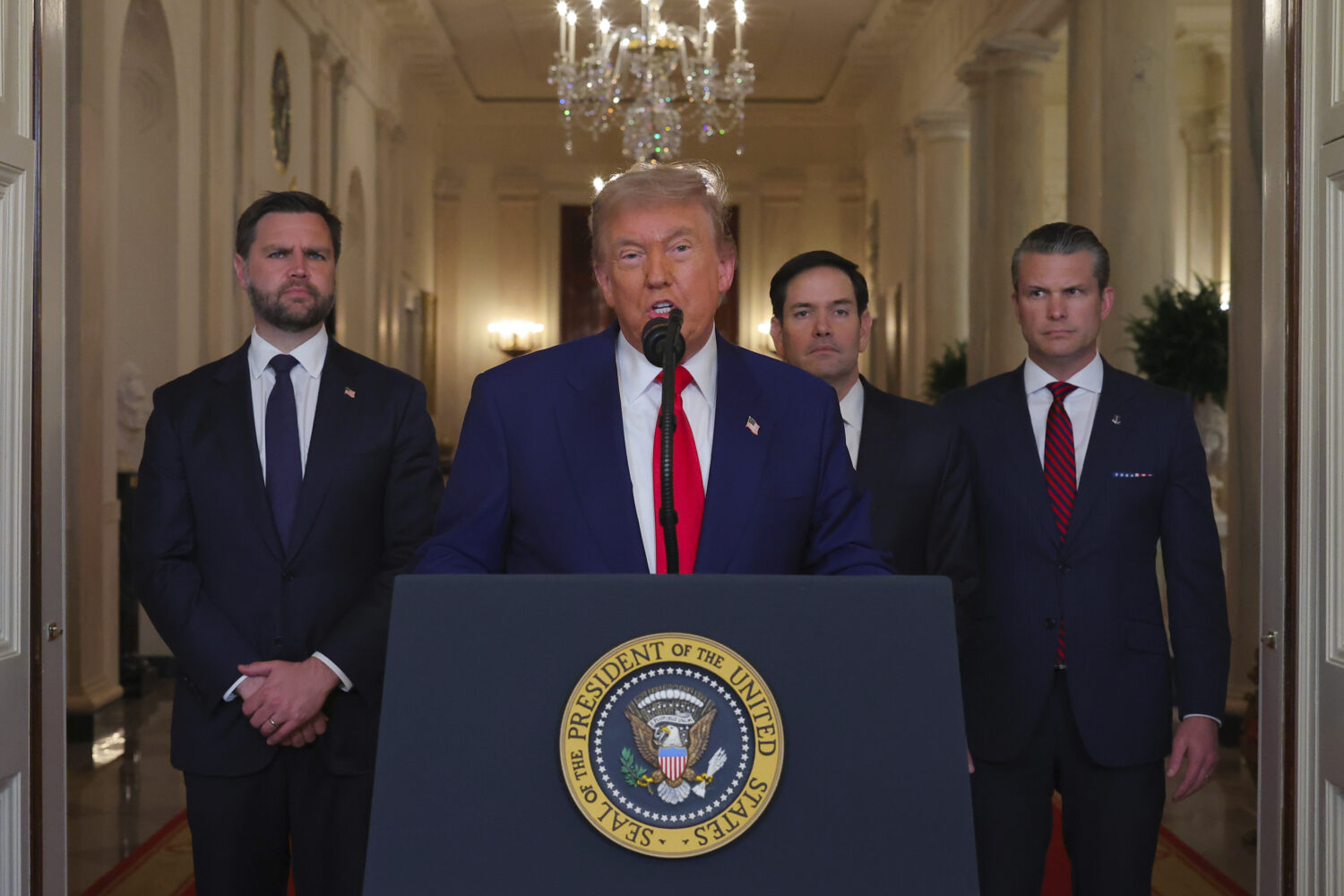 President Donald Trump speaks from the East Room of the White House in Washington, Saturday, June 2...