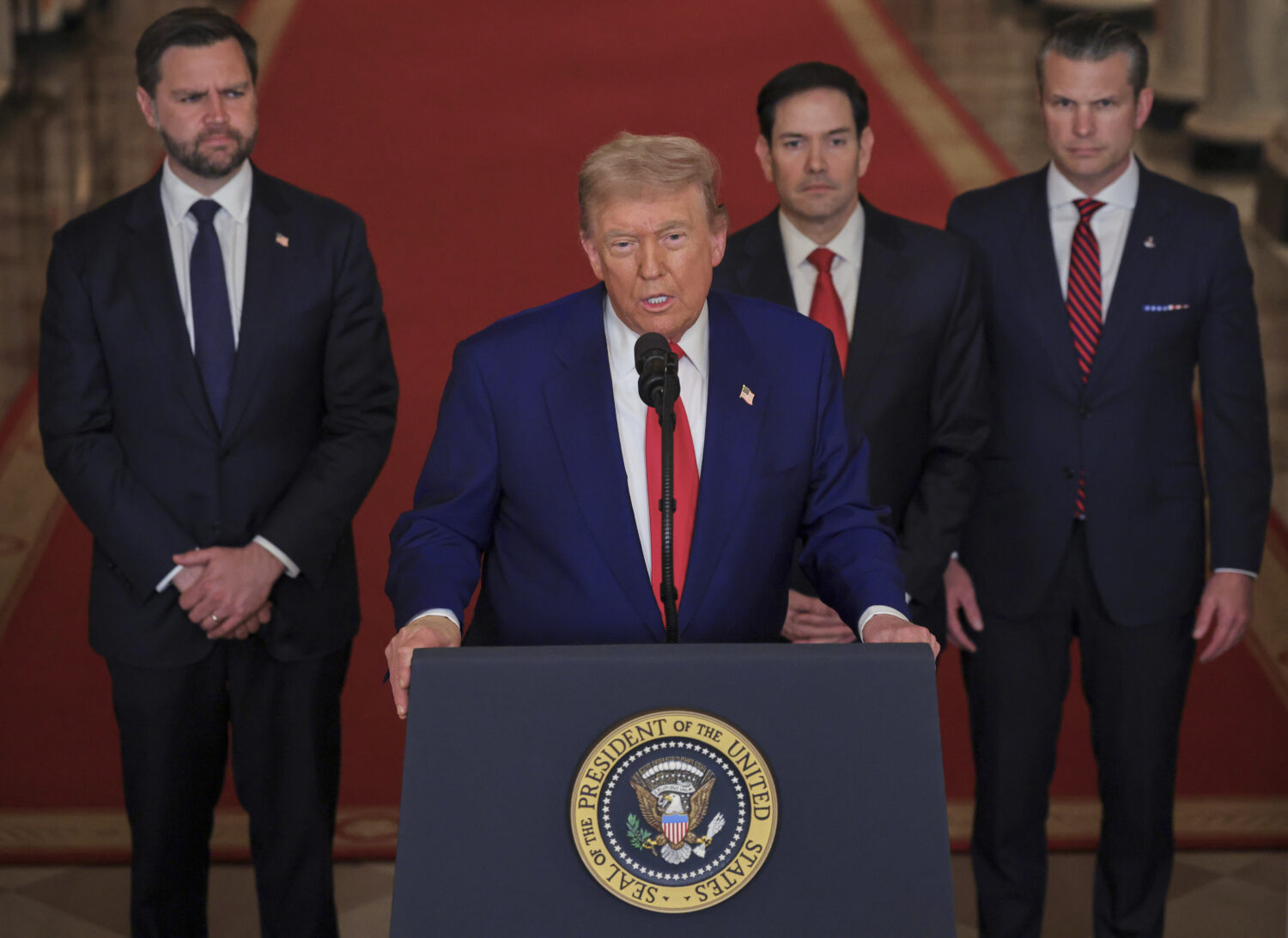 President Donald Trump speaks from the East Room of the White House in Washington, Saturday, June 2...