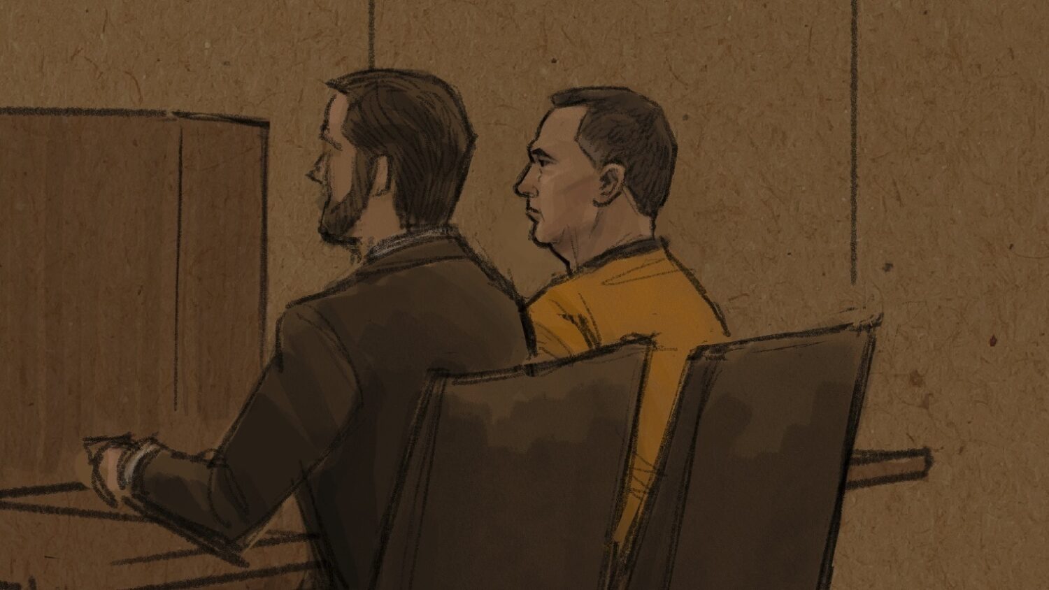 In this courtroom sketch, Vance Boelter, right, who is charged with killing one Minnesota lawmaker ...