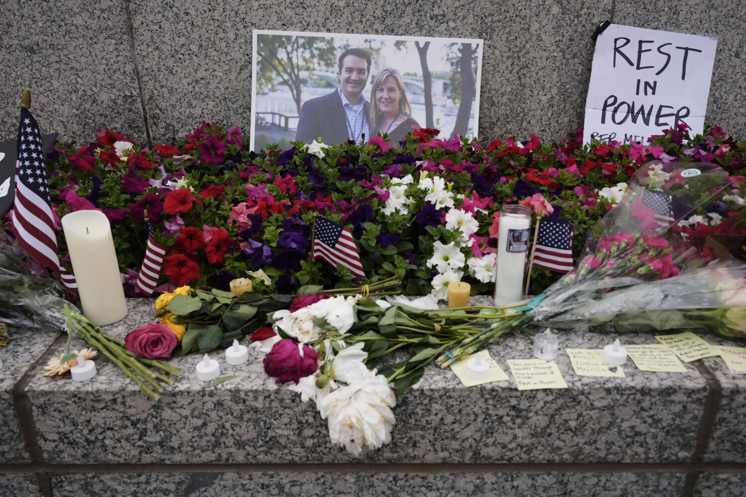 A memorial for Minnesota state Rep. Melissa Hortman and her husband Mark is seen at the state Capit...