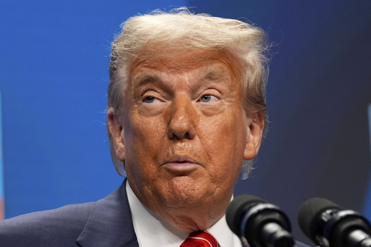President Donald Trump speaks during a media conference at the end of the NATO summit in The Hague,...
