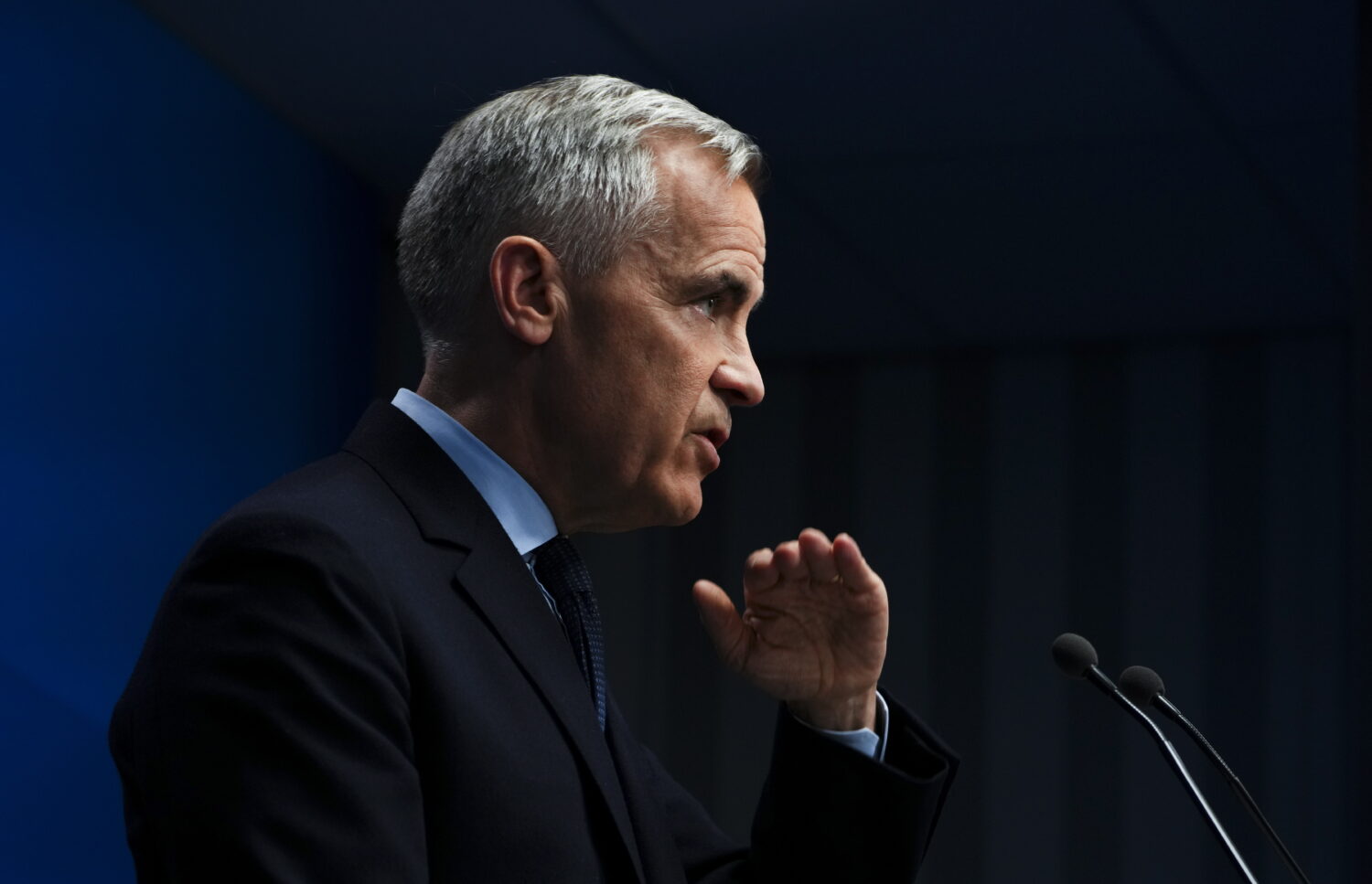 Canadian Prime Minister Mark Carney holds a closing press conference following the NATO Summit in T...
