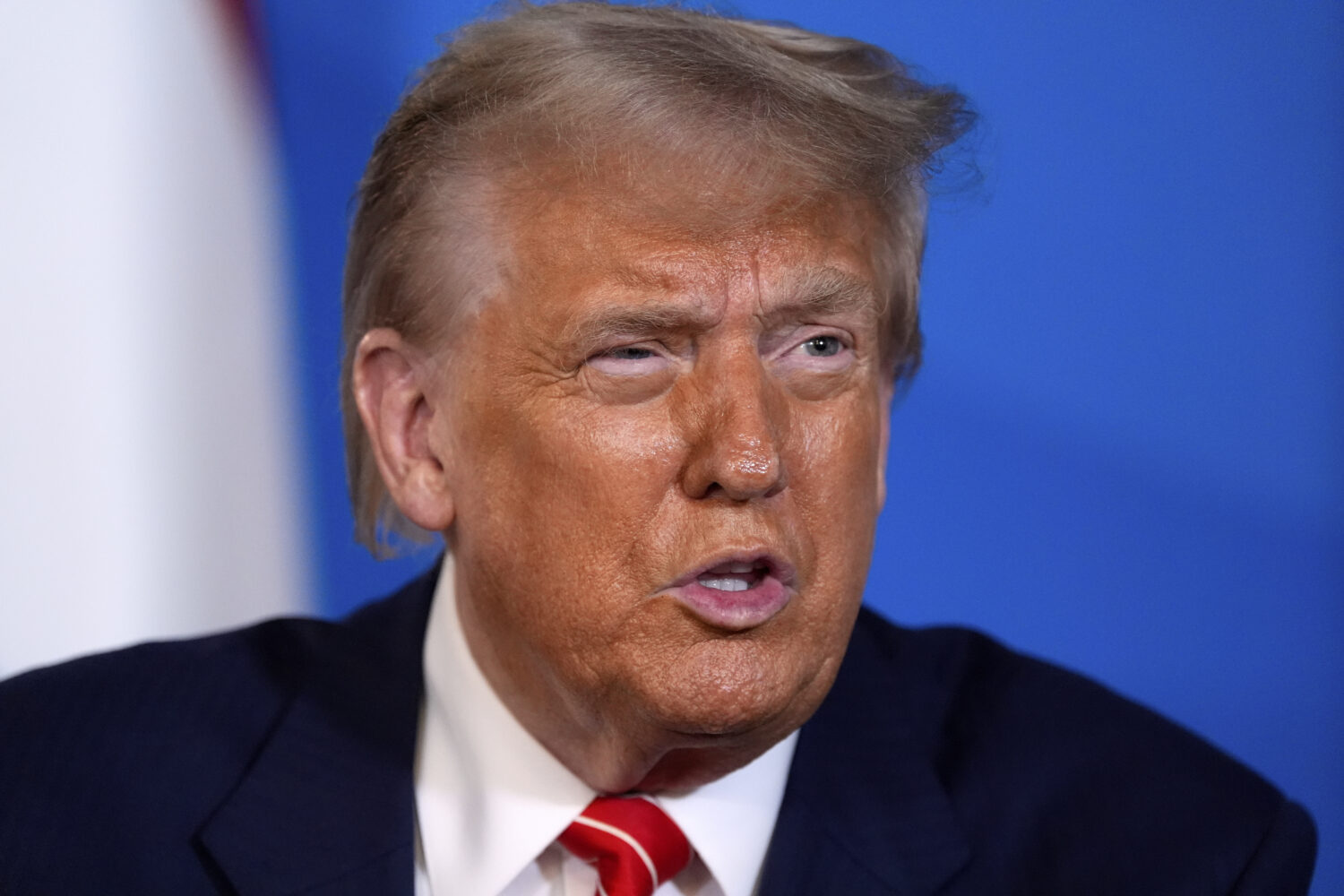 President Donald Trump speaks as he meets with Netherlands' Prime Minister Dick Schoof on the sidel...