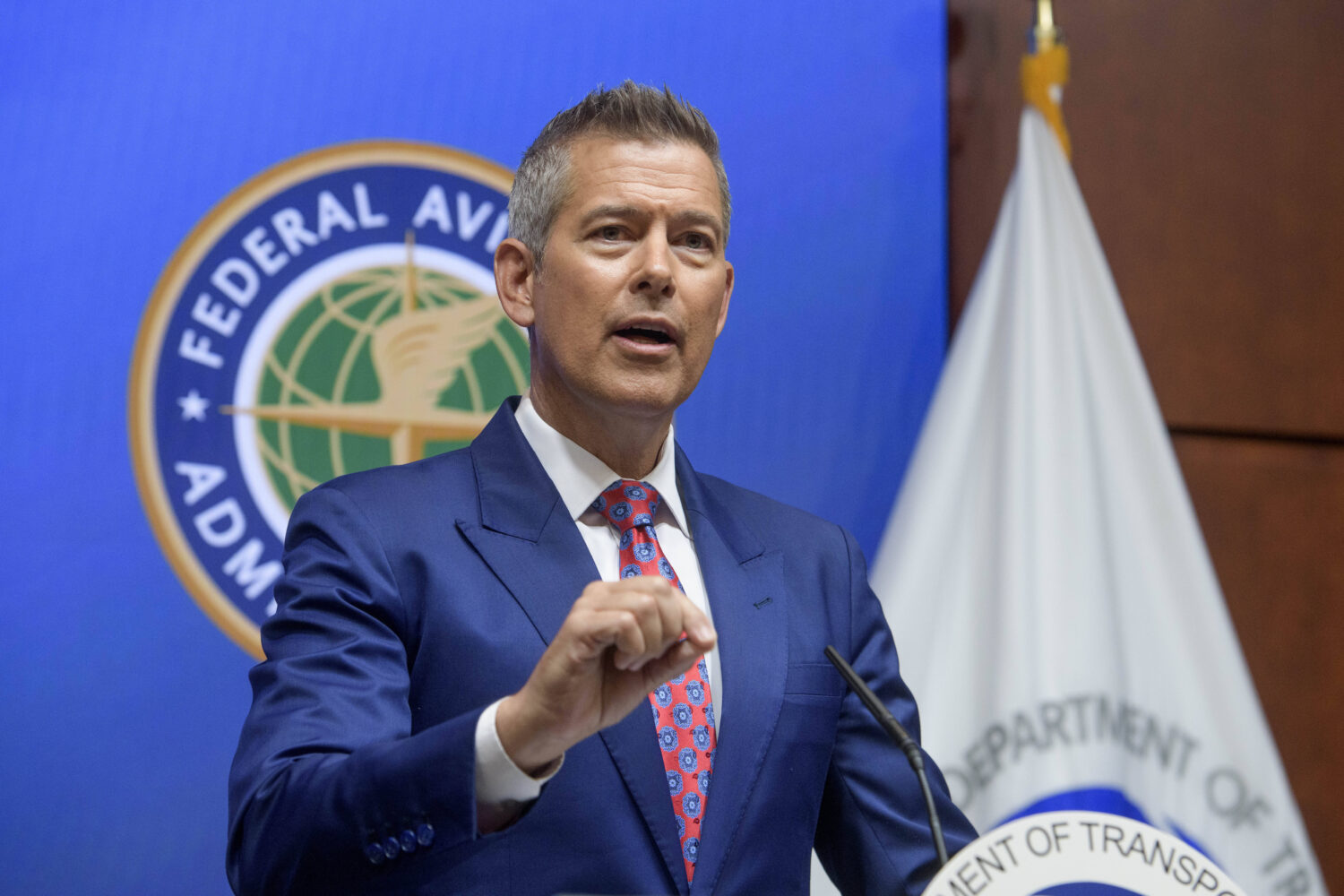 Secretary of Transportation Sean Duffy speaks during a news conference to provide a status update o...