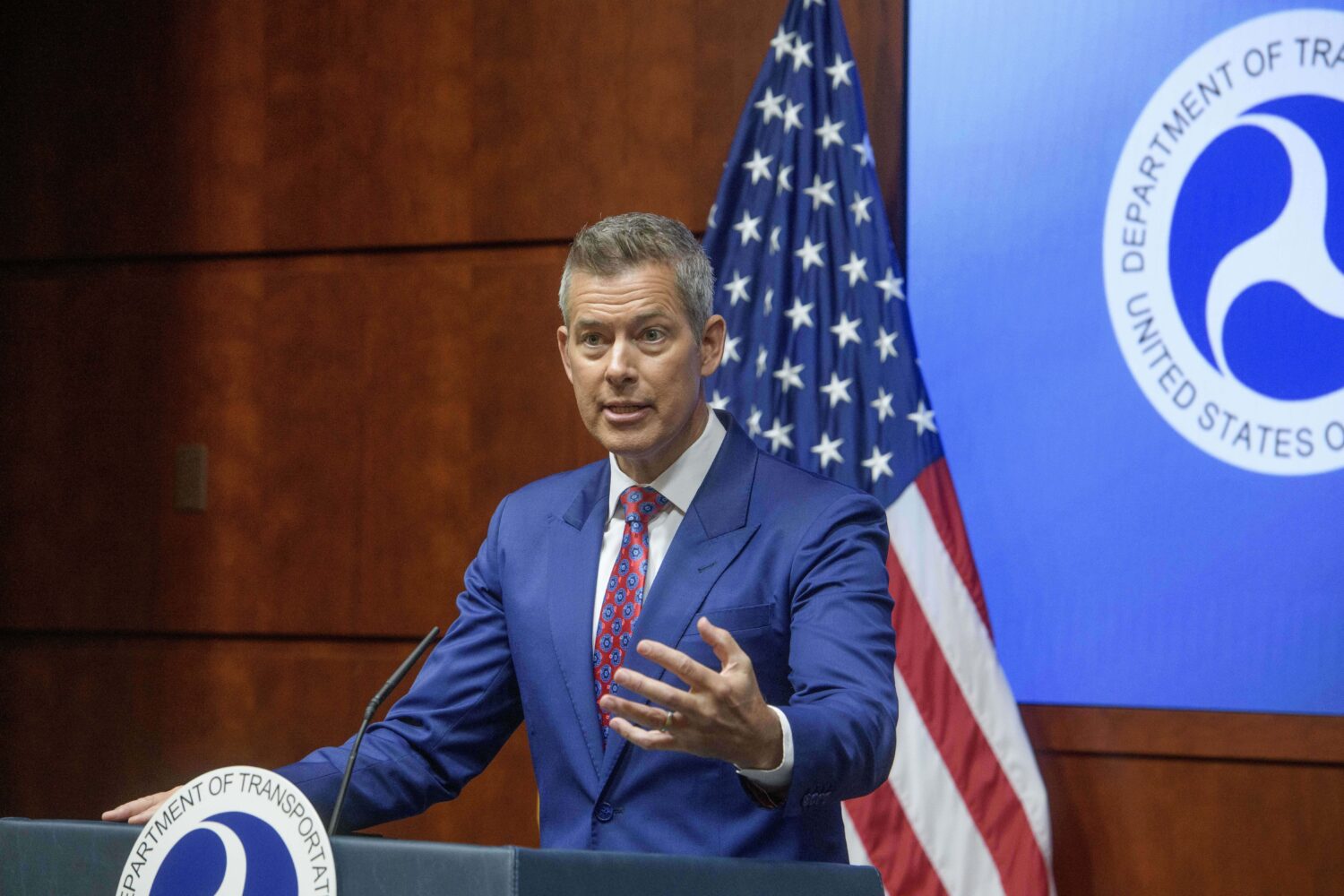 Secretary of Transportation Sean Duffy speaks during a news conference to provide a status update o...