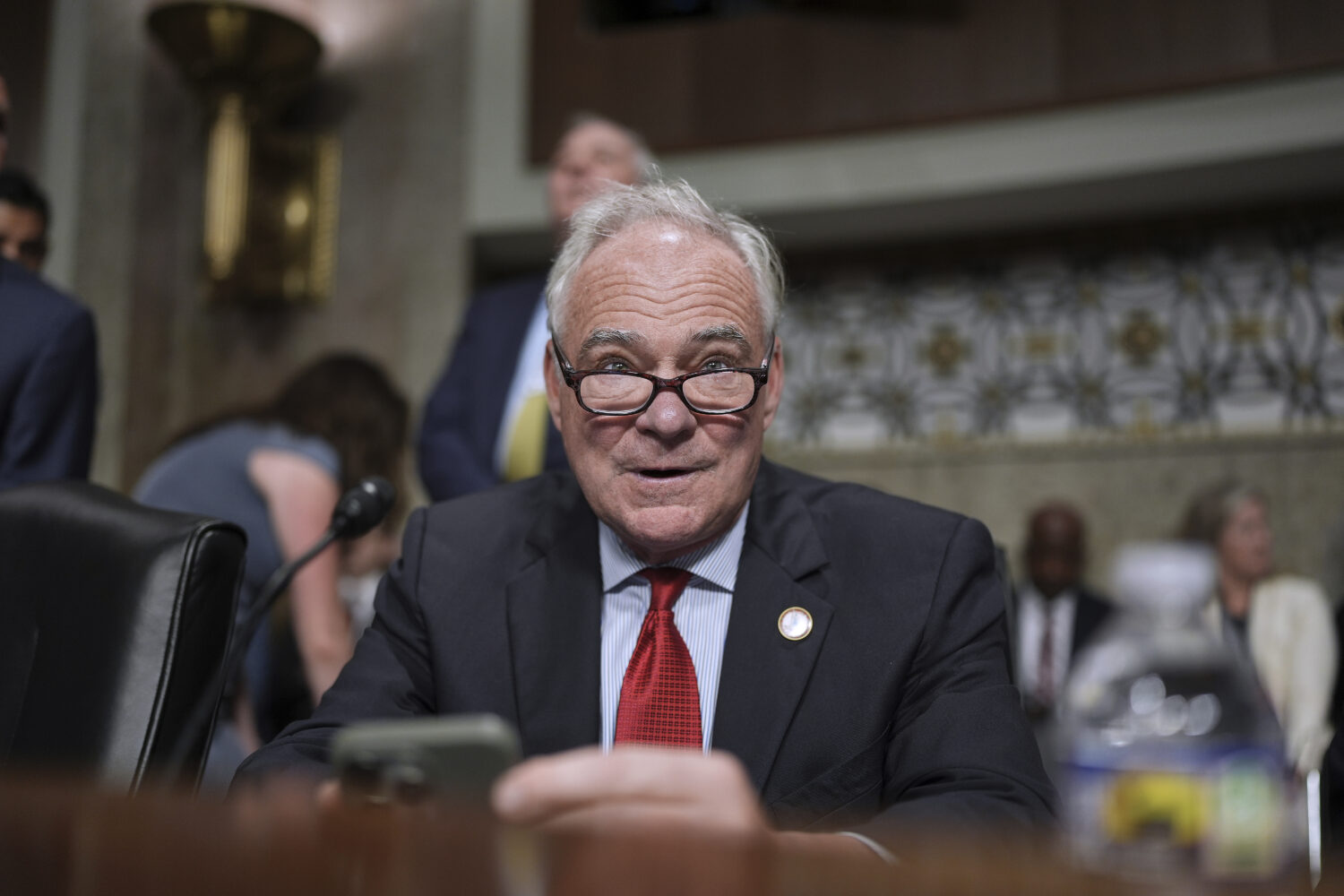 Sen. Tim Kaine, D-Va., arrives for a hearing with Defense Secretary Pete Hegseth on the Pentagon bu...