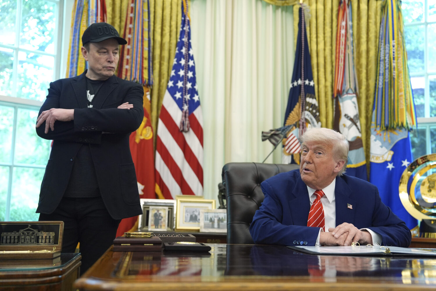 President Donald Trump speaks during a news conference with Elon Musk in the Oval Office of the Whi...
