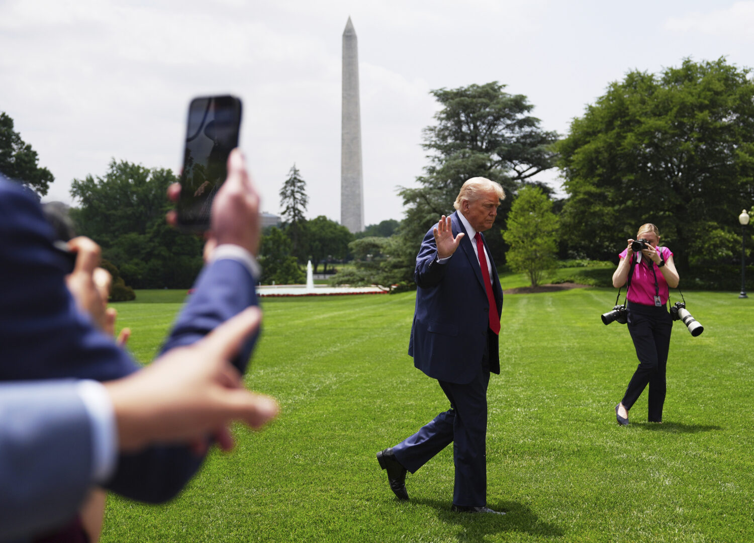 President Donald Trump arrives on the South Lawn of the White House, Monday, June 9, 2025, in Washi...