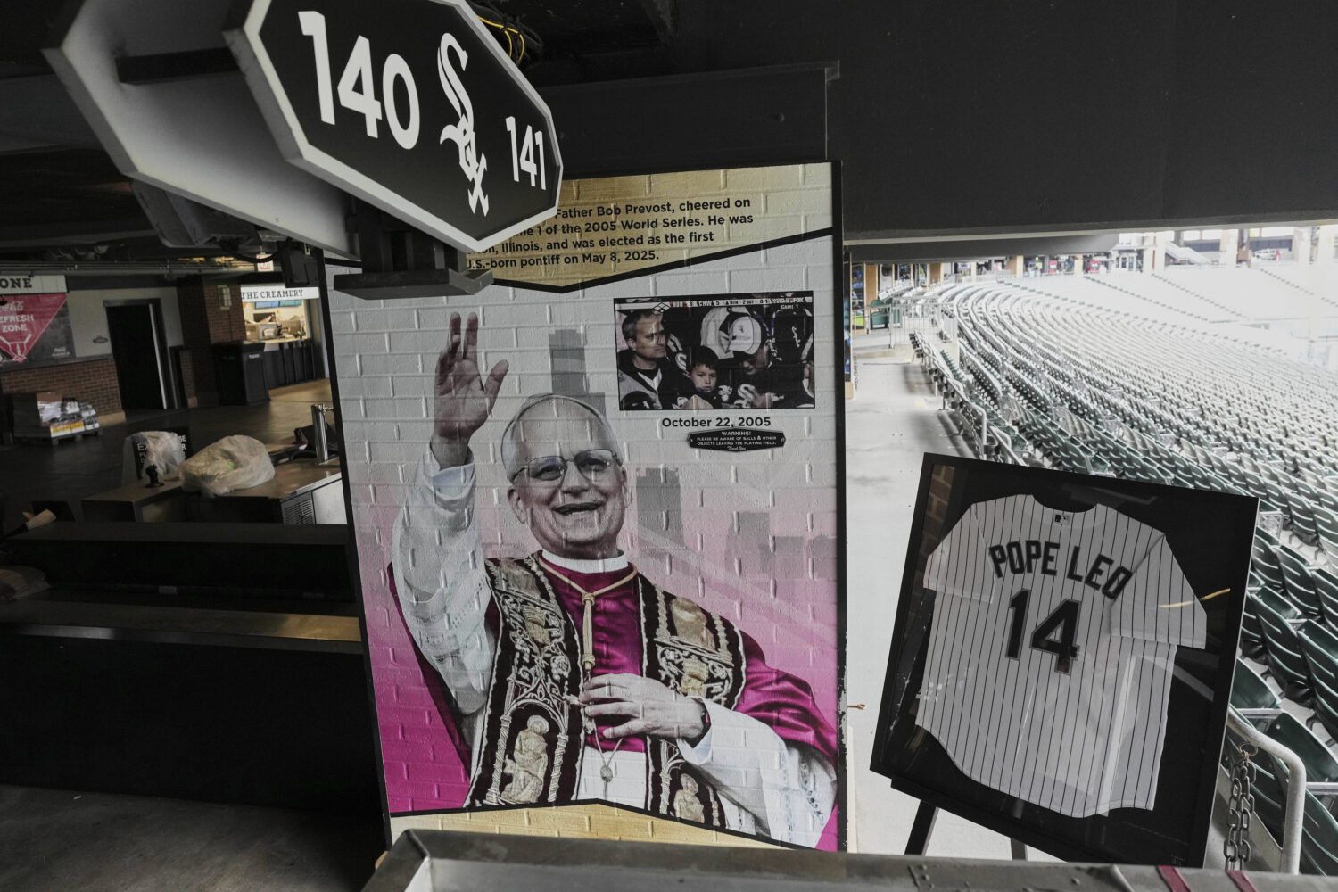 FILE - The Chicago White Sox commemorate the fandom of Pope Leo XIV with a graphic installation at ...