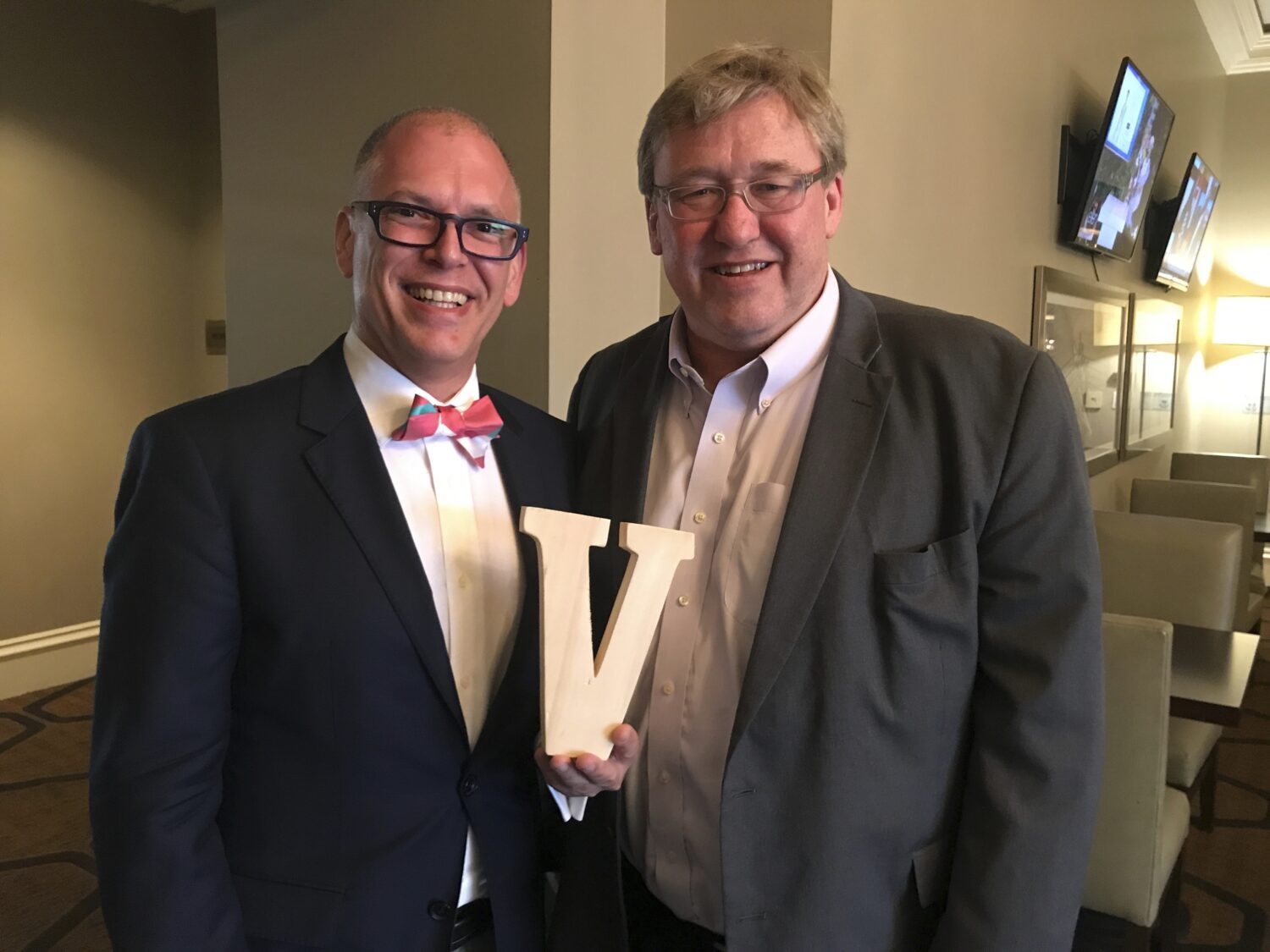 This April 2016 photo provided by Rick Hodges shows Jim Obergefell, left, and Rick Hodges posing fo...