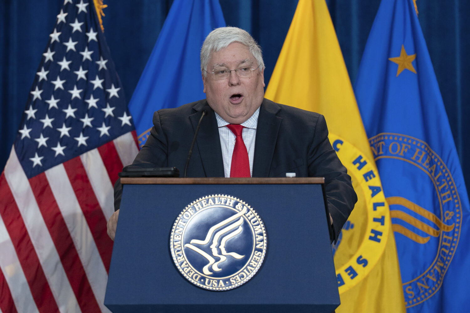 FILE - West Virginia Gov. Patrick Morrisey speaks during a news conference at the Hubert Humphrey B...