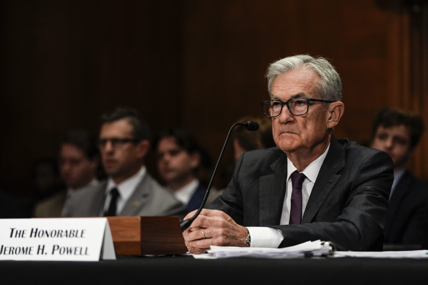 Federal Reserve Board Chairman Jerome Powell listens during a Senate Committee on Banking hearing, ...