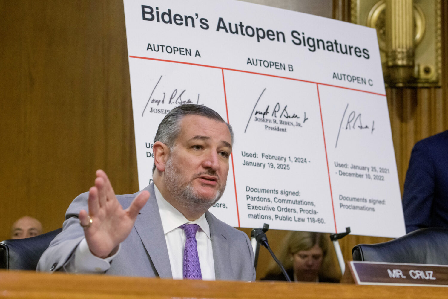 Sen. Ted Cruz, R-Texas, questions the witnesses during a Senate Committee on the Judiciary hearing ...