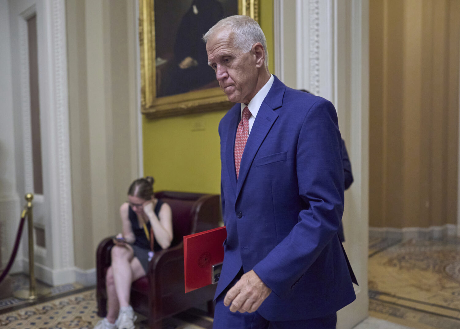 FILE - Sen. Thom Tillis, R-N.C., walks to the chamber as senators arrive for votes and policy meeti...